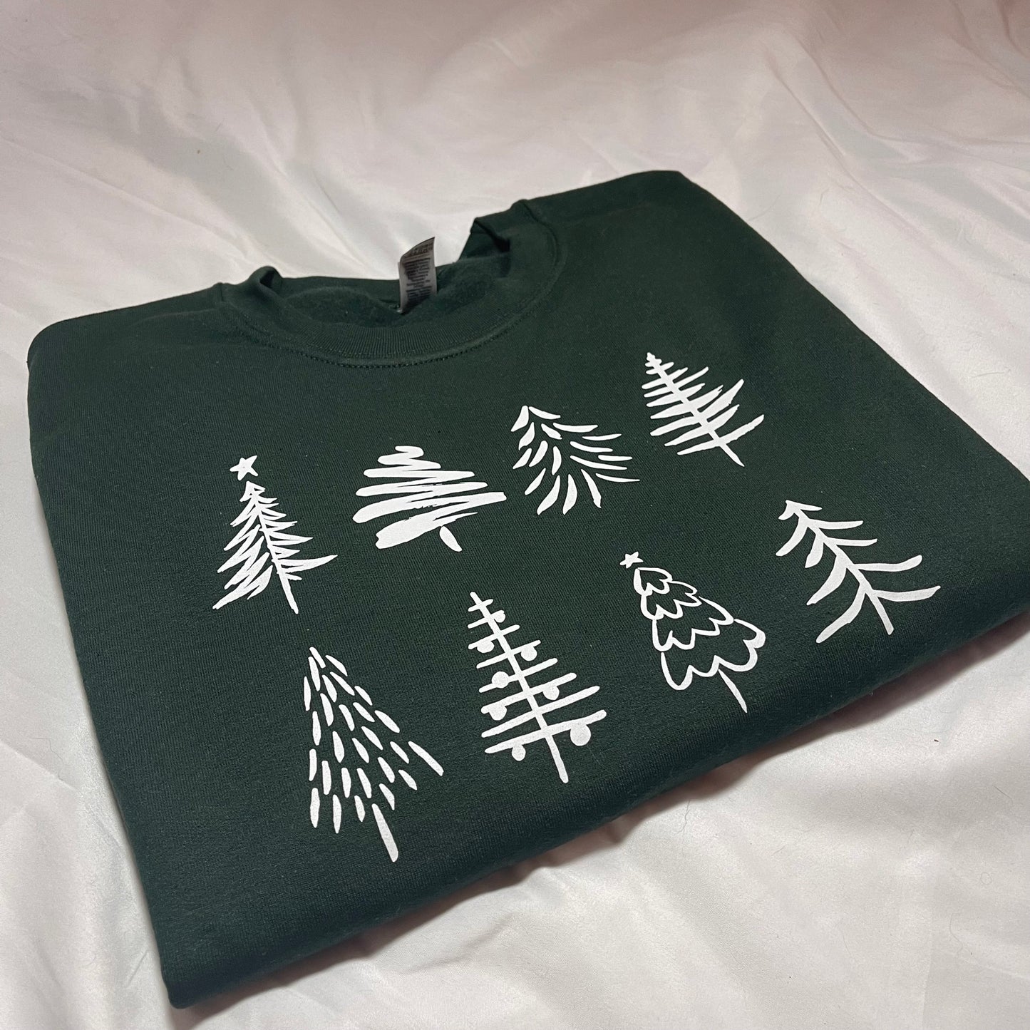 Hand-Drawn Christmas Tree Crewneck – Forest Green (Gildan)