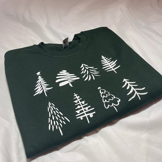 Hand-Drawn Christmas Tree Crewneck – Forest Green (Gildan)