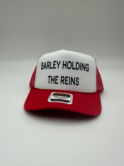 Barley Holding the Reins Trucker Hat – Funny Western Graphic Cap, Red and White Snapback