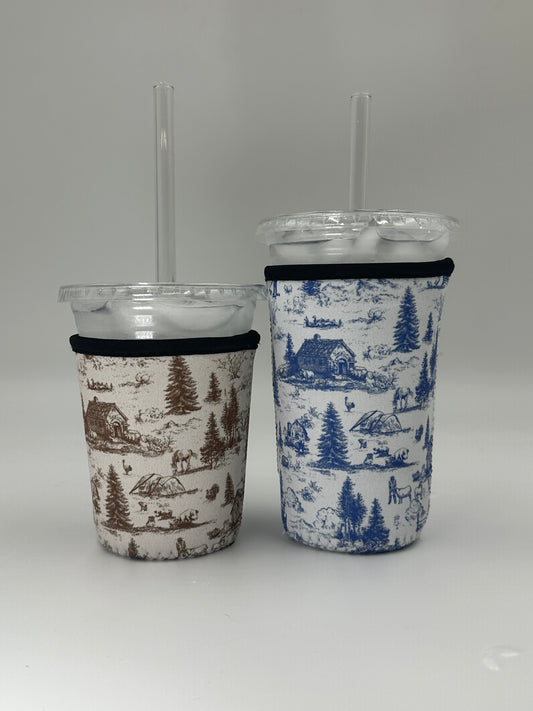 Western Barn Toile Coffee Sleeve | Reusable Neoprene Iced Coffee Cup Cover (16–24oz)