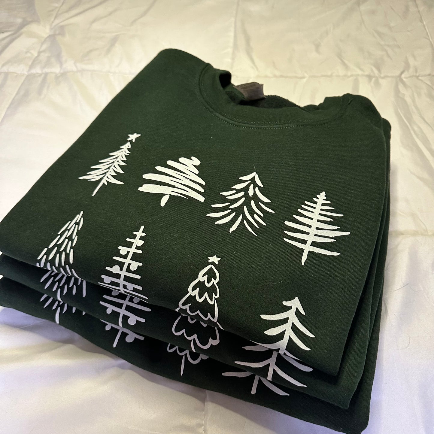 Hand-Drawn Christmas Tree Crewneck – Forest Green (Gildan)