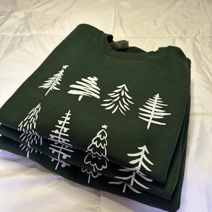 Hand-Drawn Christmas Tree Crewneck – Forest Green (Gildan)