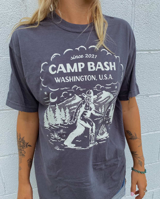 Camp BASH Bigfoot Comfort Colors® T-Shirt – PNW Sasquatch Camping Graphic (Pepper)