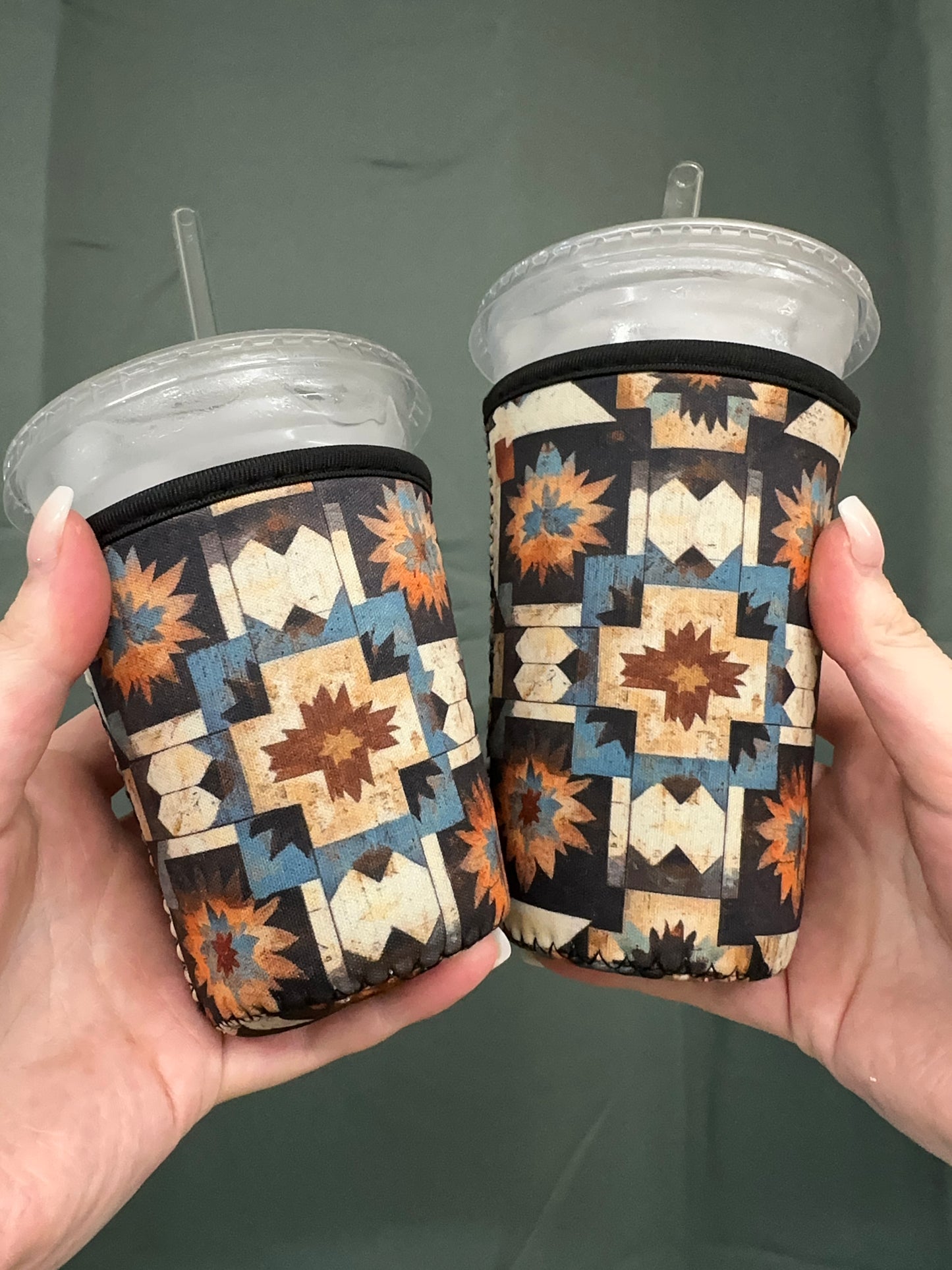 Southwestern Quilt Aztec Coffee Sleeve | Reusable Neoprene Iced Coffee Cup Cover (16–24oz)