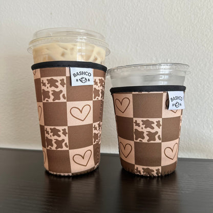 Cow Hearts Checkered Coffee Sleeve | Western Coffee Koozie