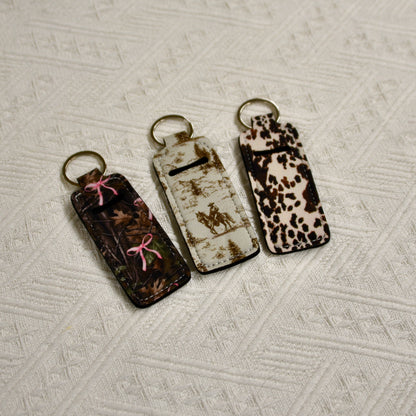 Chapstick Holder Keychain – Cow Print, Camo Pink Bow, Cowboy Toile, & Barn Toile