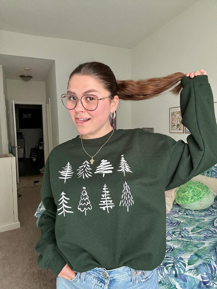 Hand-Drawn Christmas Tree Crewneck – Forest Green (Gildan)