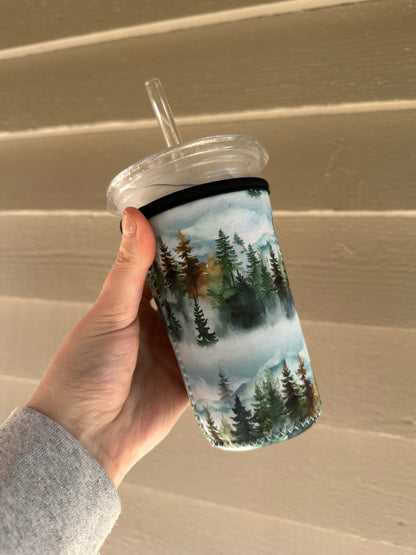 Forest mountain Coffee Sleeve | Reusable Neoprene Iced Coffee Cup Cover 16-24oz Cowboy Print Eco-Friendly Insulator for Grande & Venti Cups