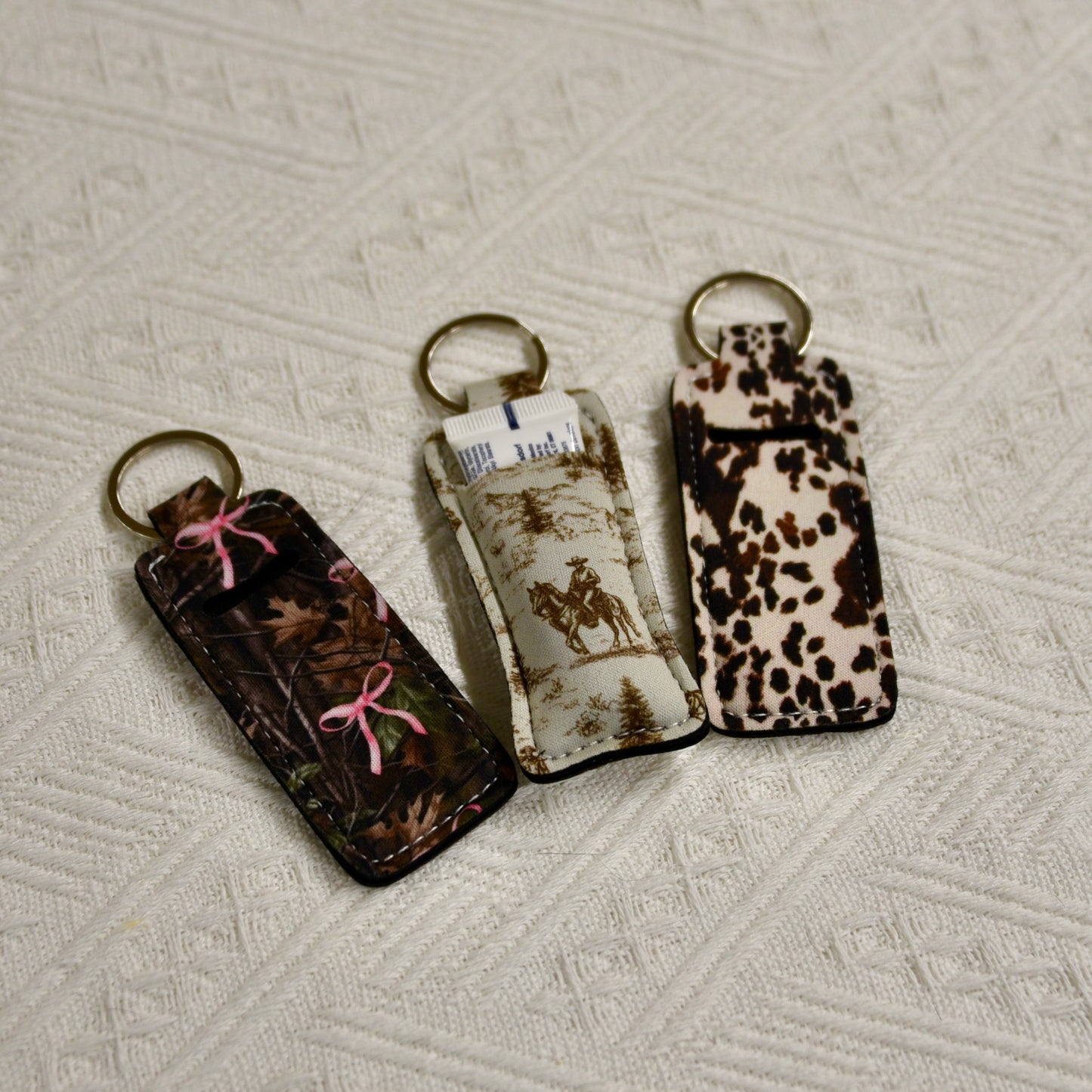 Chapstick Holder Keychain – Cow Print, Camo Pink Bow, Cowboy Toile, & Barn Toile