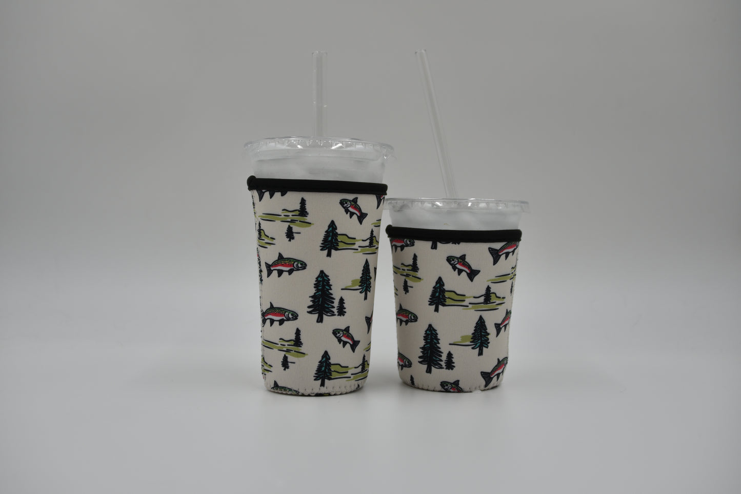 Trout and pines Coffee Sleeve | Reusable Neoprene Iced Coffee Cup Cover 16-24oz Cowboy Print Eco-Friendly Insulator for Grande & Venti Cups