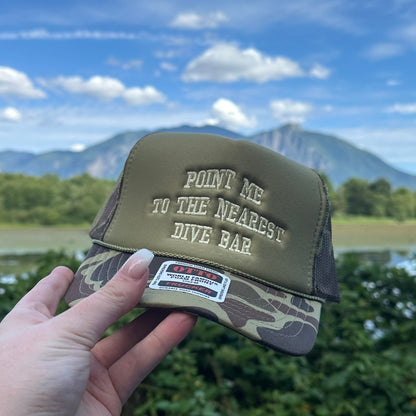 Point Me to the Nearest Dive Bar Embroidered Trucker Hat – Camo Otto Cap