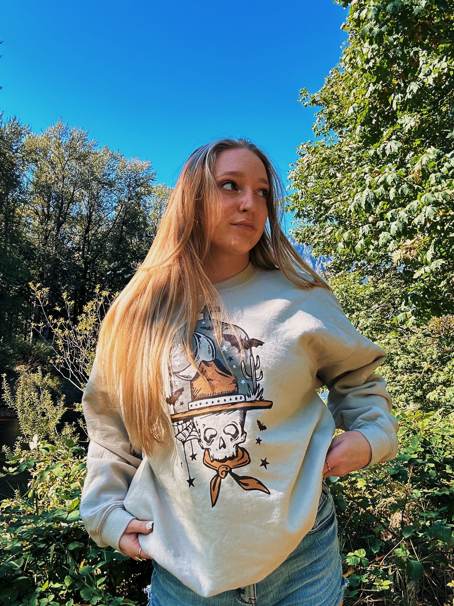 Cowboy Skeleton Western Crewneck – Hand Drawn Graphic on Gildan Fleece