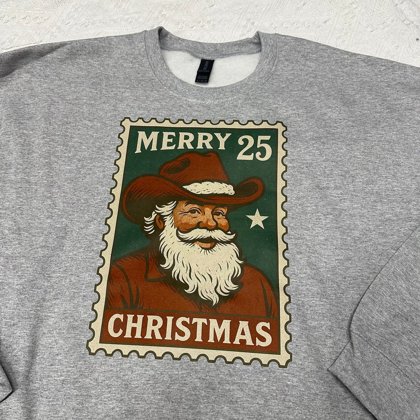 Vintage Santa Post Stamp Crewneck | Rustic Cowboy Santa Christmas Stamp Crew