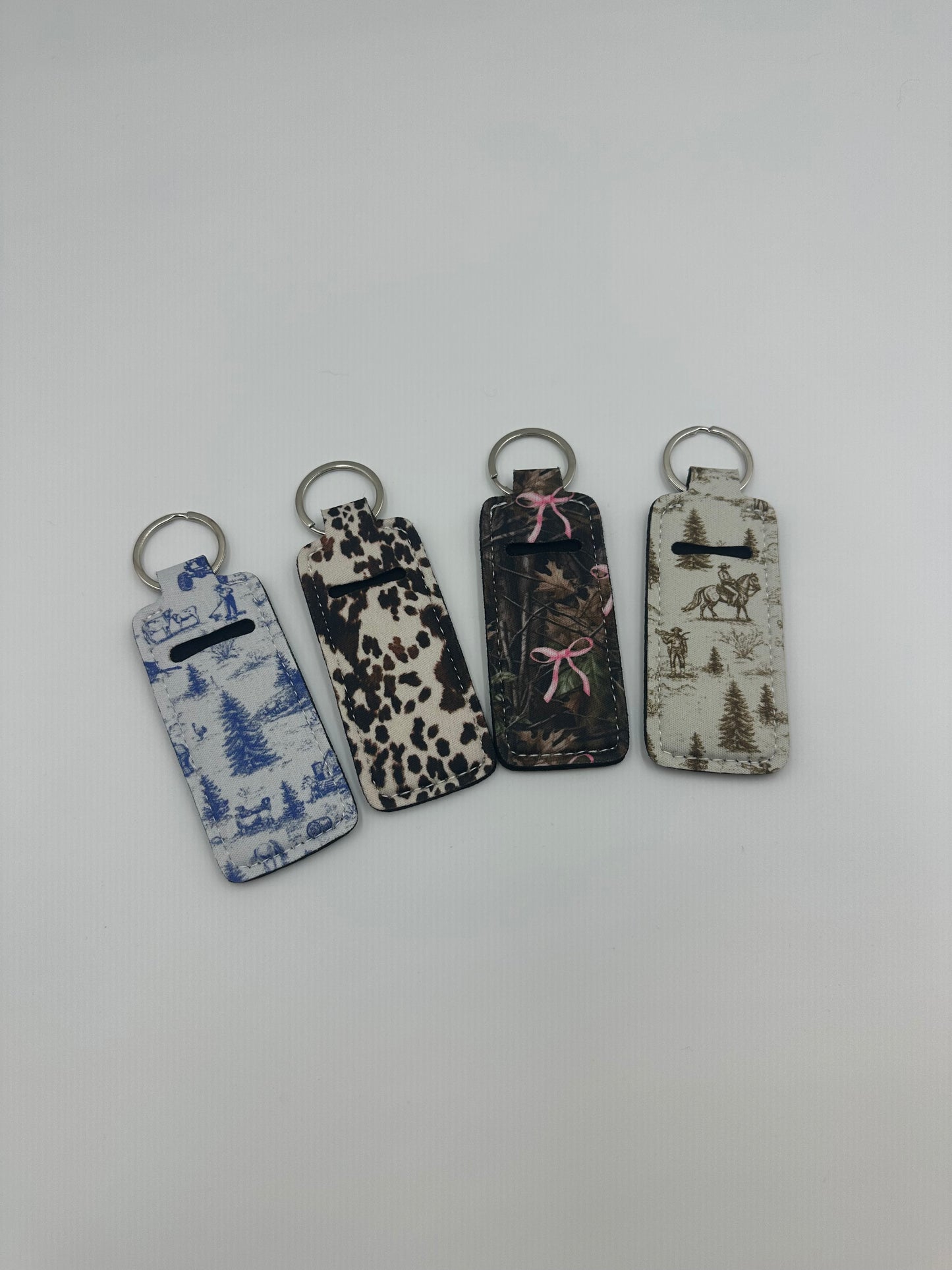 Chapstick Holder Keychain – Cow Print, Camo Pink Bow, Cowboy Toile, & Barn Toile