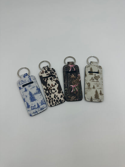 Chapstick Holder Keychain – Cow Print, Camo Pink Bow, Cowboy Toile, & Barn Toile