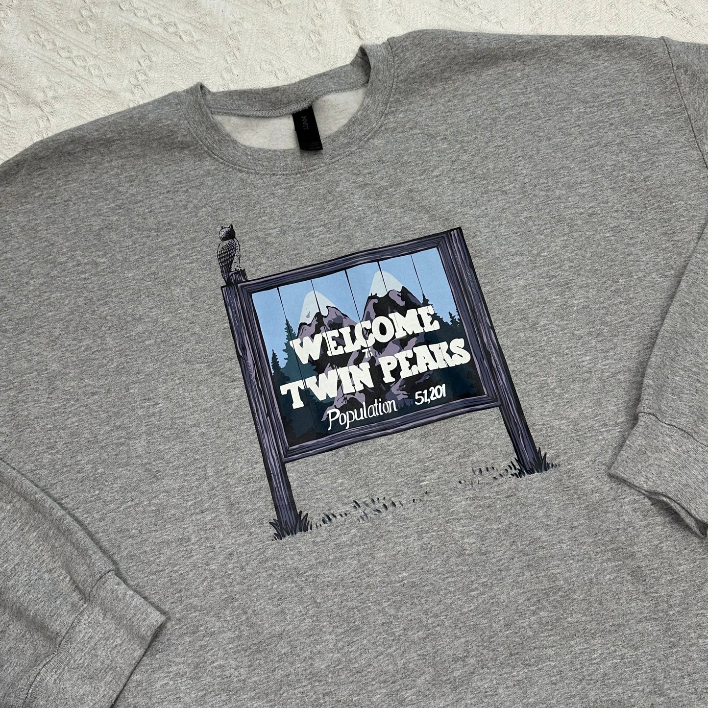 Twin Peaks Inspired Crewneck Sweatshirt | Gildan Heavy Blend | Sand, Grey, White | Cozy Graphic Pullover