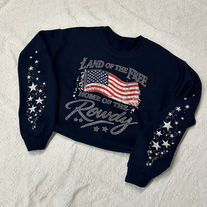Land of the Free Home of the Rowdy Star Sleeve Crewneck | Patriotic Western Sweatshirt | Americana Gildan Crewneck