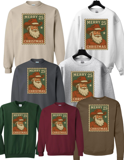 Vintage Santa Post Stamp Crewneck | Rustic Cowboy Santa Christmas Stamp Crew