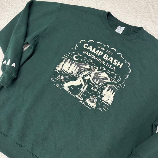 Camp BASH Bigfoot Evergreen Crewneck Sweatshirt – PNW Sasquatch Camping Graphic