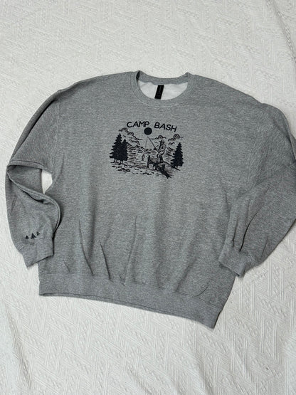 Camp BASH Bigfoot Gildan Crewneck Sweatshirt – PNW Sasquatch Hiking Graphic (Ash & Sand)