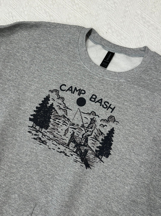 Camp BASH Bigfoot Gildan Crewneck Sweatshirt – PNW Sasquatch Hiking Graphic (Ash & Sand)