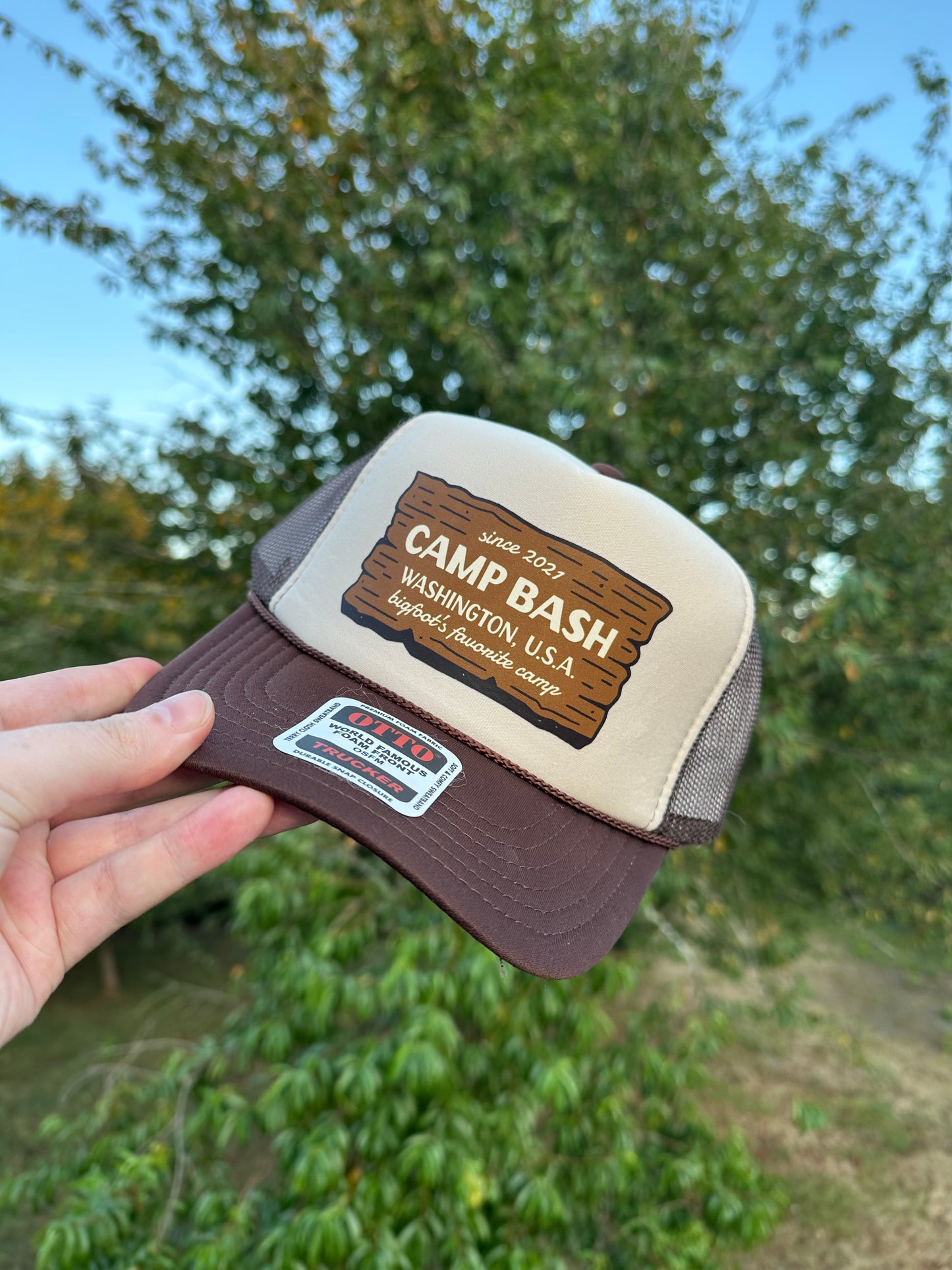 Camp BASH Bigfoot Otto Trucker Hat – PNW Snapback Cap (Multiple Colors)
