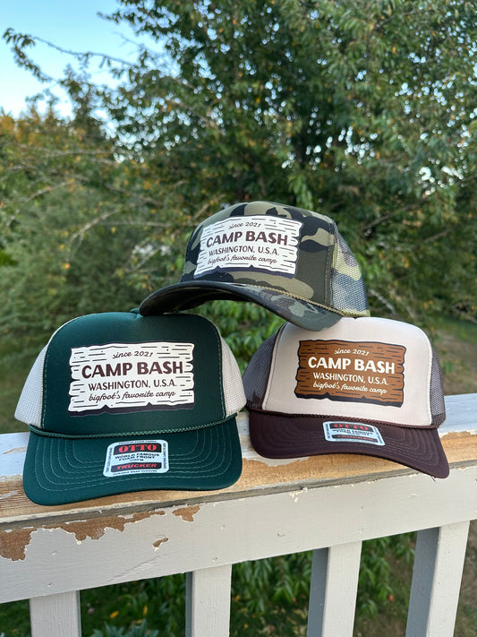 Camp BASH Bigfoot Otto Trucker Hat – PNW Snapback Cap (Multiple Colors)