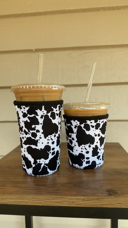Black Cow Print Coffee Sleeve | Reusable Neoprene Iced Coffee Cup Cover (16–24oz)